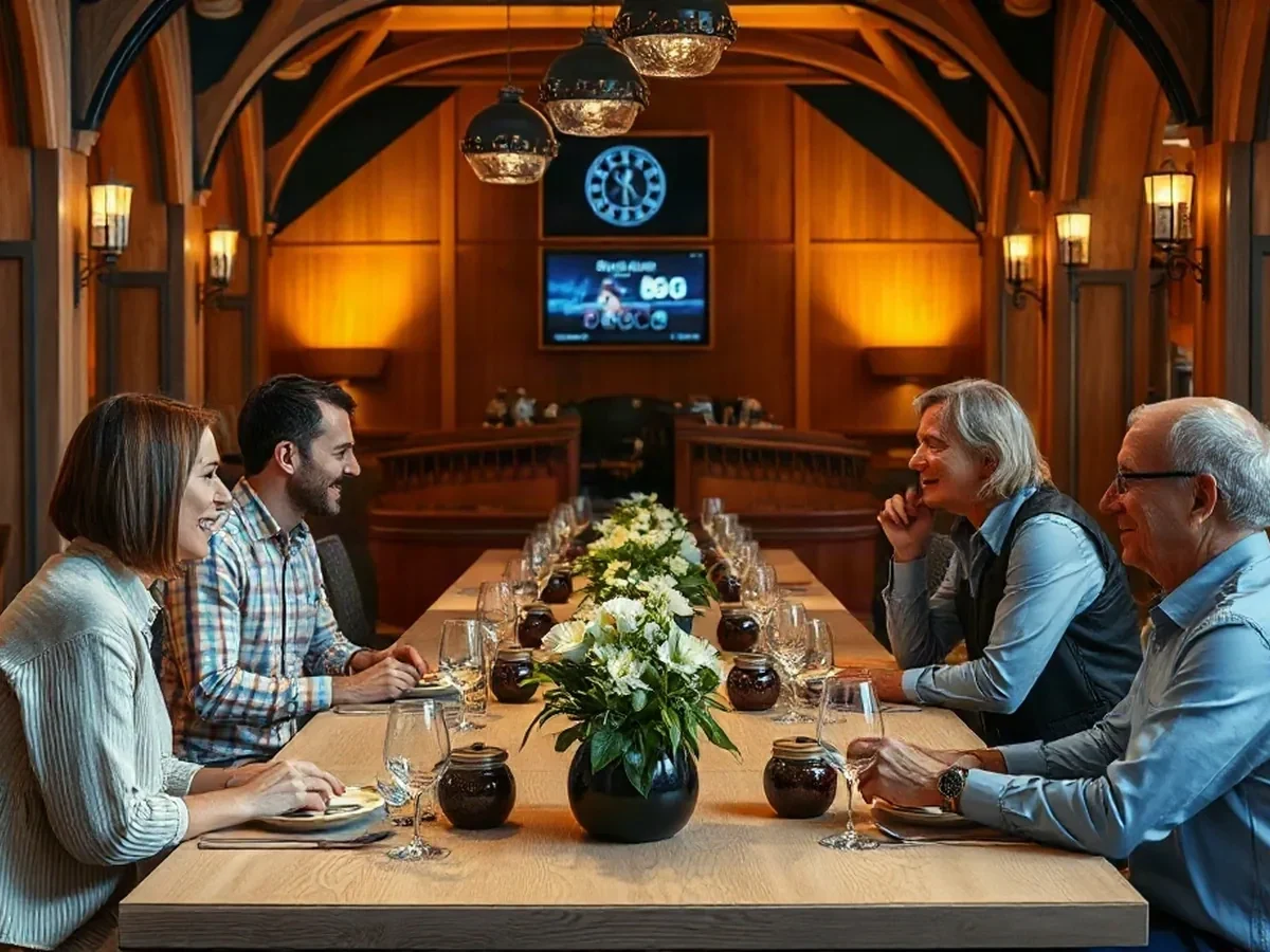 Adults sharing a meal at a pale-oak table in a softly lit dining room.