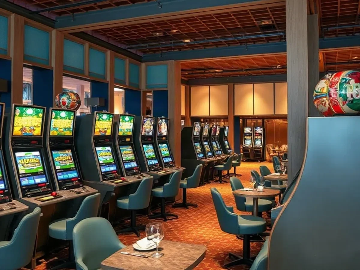 Rows of physical slot machines on a softly lit casino floor.