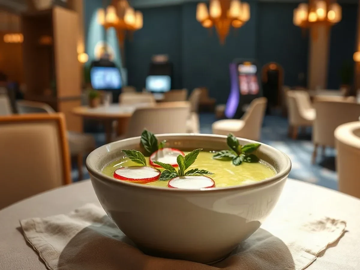 Chilled pea velouté topped with mint and crisp radish.