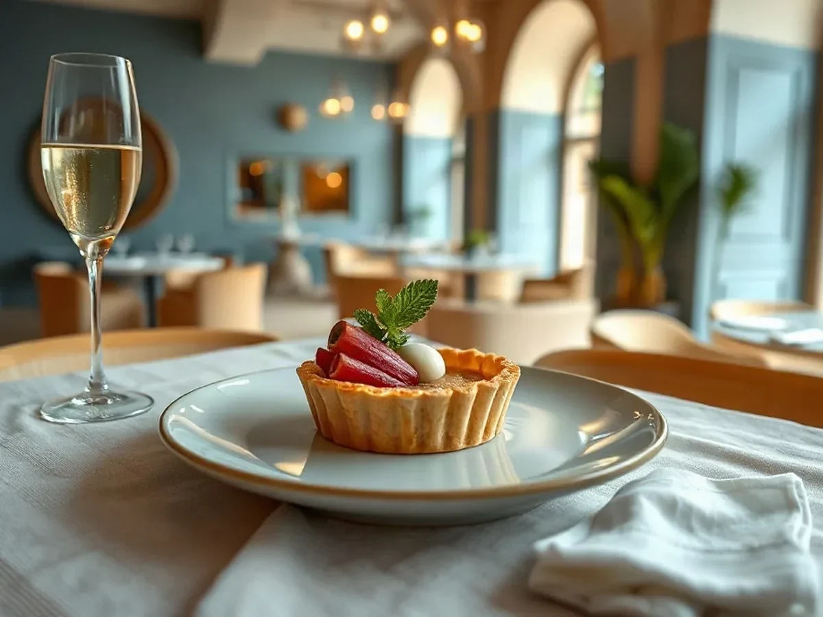 Rhubarb tart served with crème fraîche.